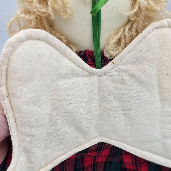 Vintage Handmade Angel Cloth Doll With Green Red Plaid Dress Lace Trim Christmas - Picture 4 of 9
